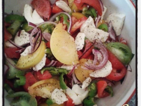 Salade de tomates en couleur , oignons rouges et piment verts à la mozzarella