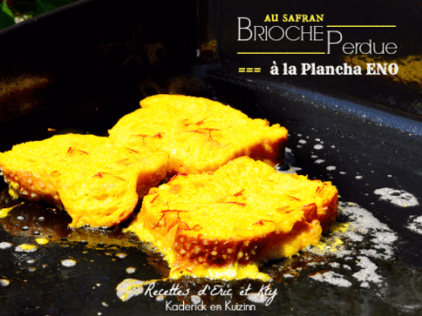 Brioche perdue à la plancha Eno au safran, glace vanille et chocolat piment d'Espelette