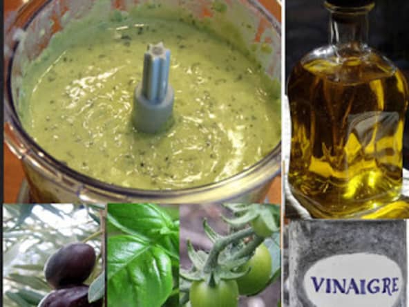 Sauce vinaigrette, moutarde à l'ancienne, tomate verte et olives noires