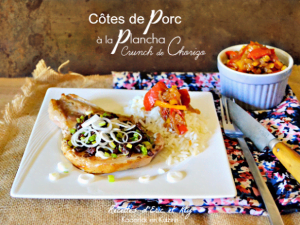 Grillade à la plancha de côtes de porc au crunch de chorizo et fondue de poivron