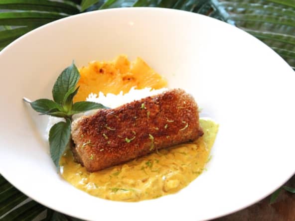 Dos de cabillaud pané, sauce noix de coco ananas