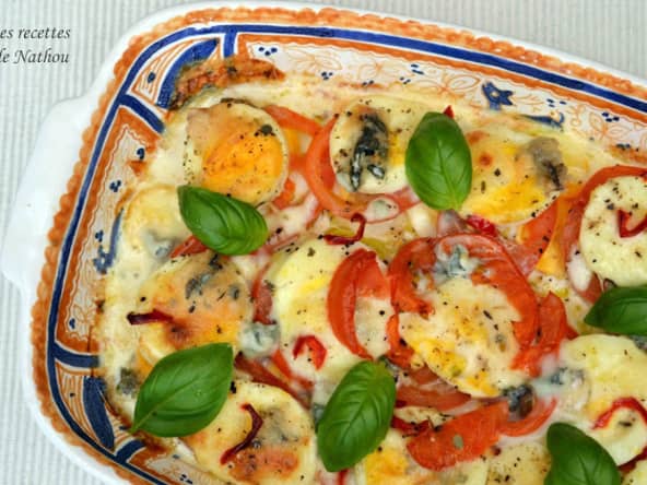 Gratin de tomates aux oeufs durs, mozzarella et gorgonzola