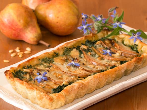 Tarte aux poires, épinards et gorgonzola