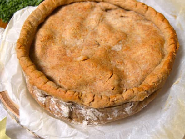 Tourte végétale aux champignons, châtaignes et kale