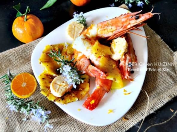 Plancha crevettes à l'ananas et beurre de clémentines au piment d'Espelette