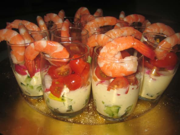 verrine crevettes et crudités, sauce légère au fromage blanc