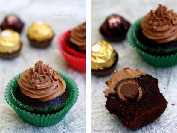 Cupcakes au chocolat, coeur Ferrero Rocher et ganache au Nutella