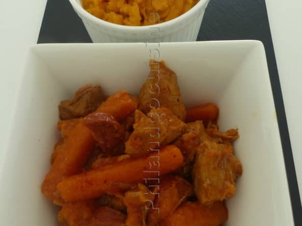 Sauté de porc aux carottes et au chorizo et son écrasée de patates douces