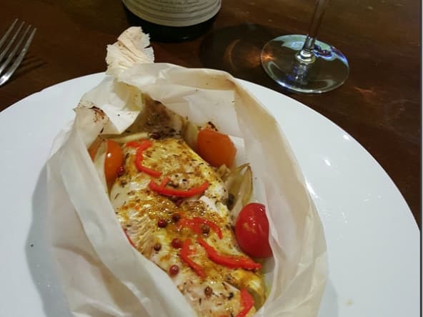 Papillote de Cabillaud, Fenouil, Curry et Piment végétarien