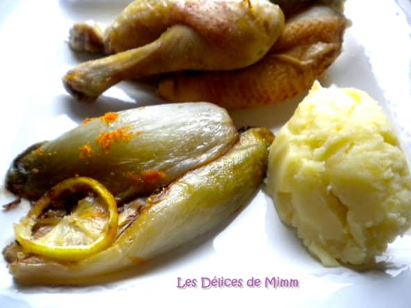 Coquelet au lait et au citron, endives à l’orange et purée de pommes de terre