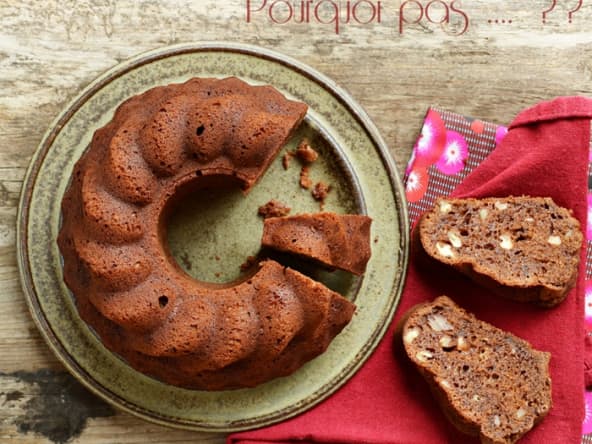 Cake cacao, chocolat blanc, noix et orange