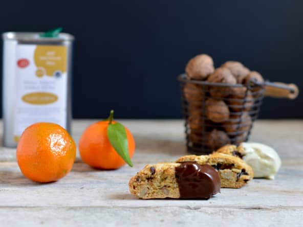 Cantuccini clémentines, noix, chocolat et huile d’olive
