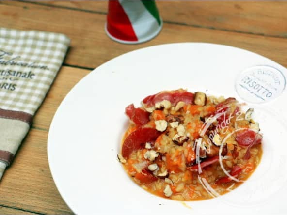 Risotto à la courge, coppa et noisettes