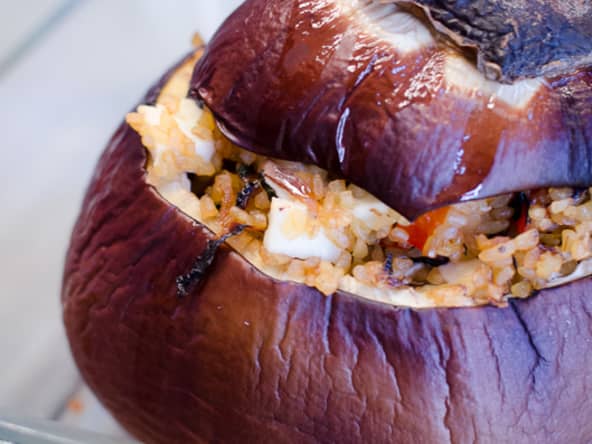 Aubergine ronde farcie au boulgour et à la feta grecque