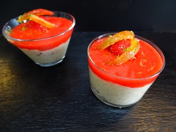 Riz au lait, fève Tonka et Pitacou Kumquat de corse, coulis de fraises