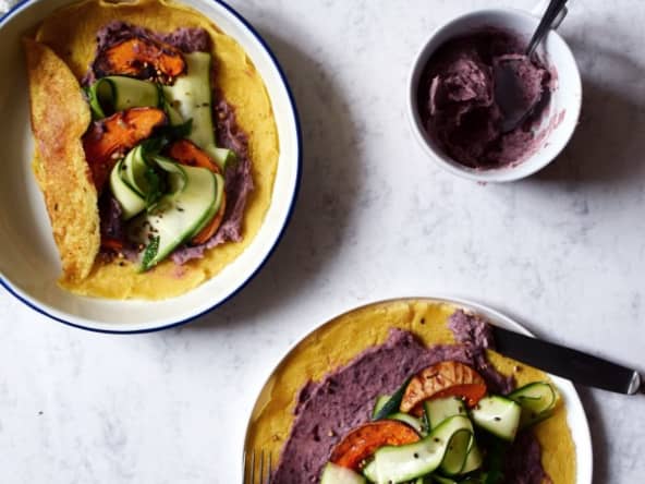 Soccas, crème de haricots rouges, courgettes marinées et butternut rôtie