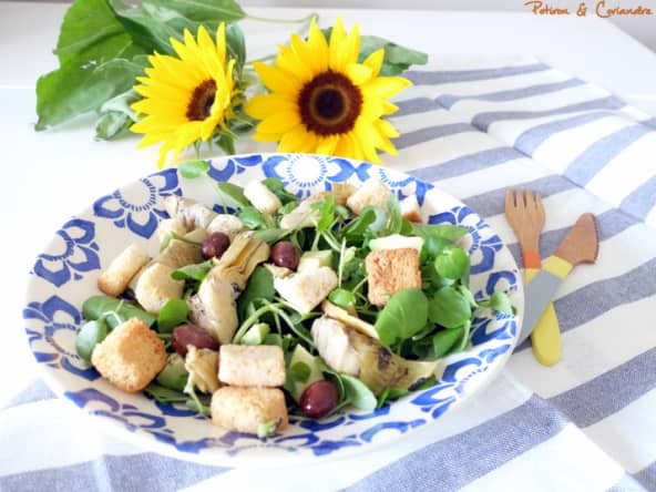 Salade au cresson de fontaine, artichauts grillés et avocat