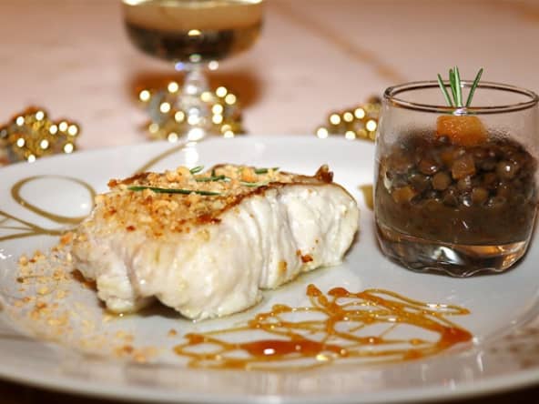 Dos de Julienne en croûte d’amandes au caramel miel