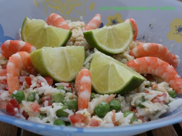 Salade Haïtienne cabillaud, petits pois, crevettes, riz