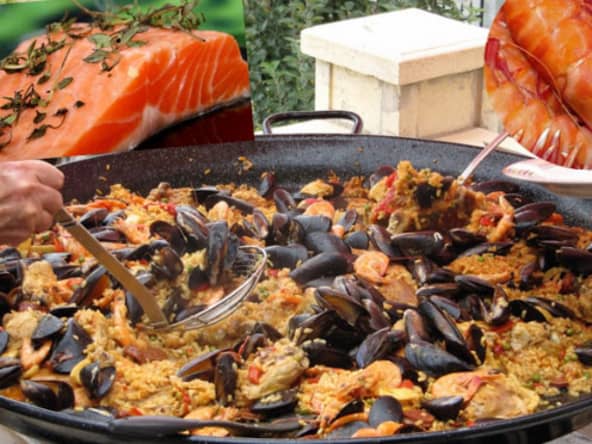 "Paella" aux crevettes, moules, saumon, chorizo