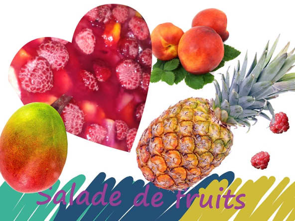 Salade de fruits aux pêches, ananas, mangues et framboises