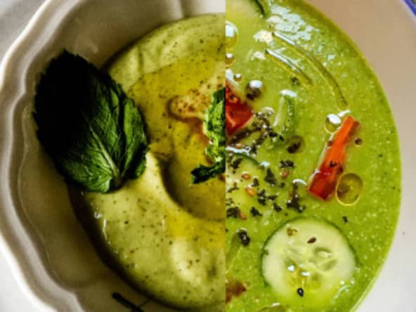 Gaspacho vert et Velouté de fèves à la menthe