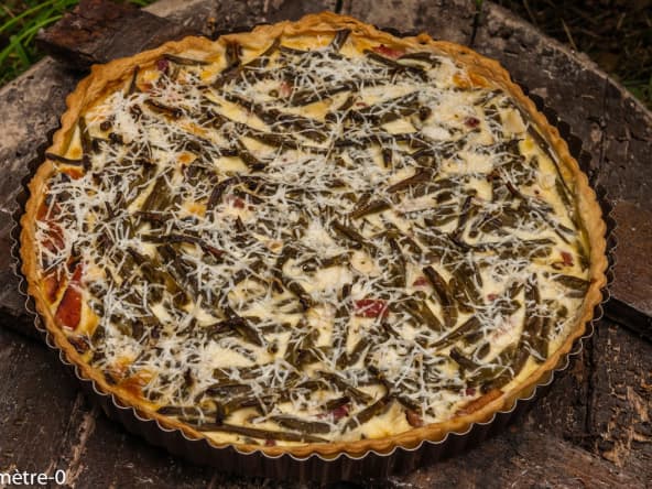 Quiche aux champignons, jambon et haricots verts