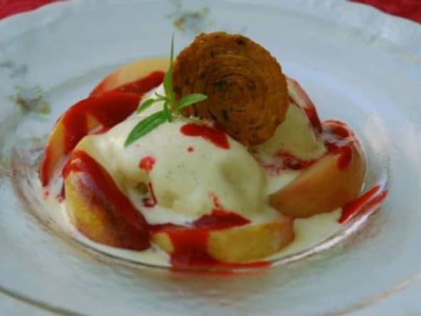 Coupe glacée, inspiration Melba, arlettes à la menthe