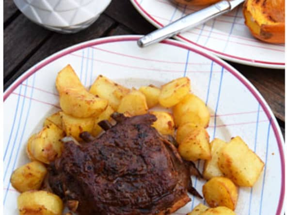 Agneau confit pommes de terre et courge spaghetti rôties