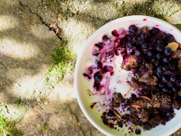 Bol du petit-déjeuner aux myrtilles sauvages, crumble au cacao