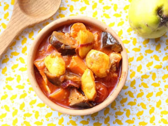 Coings mijotés avec des aubergines et des patates douces