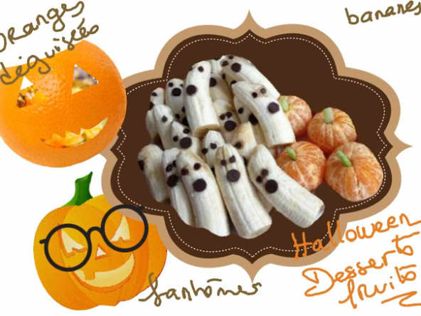 Desserts aux fruits pour la fête d'Halloween bananes, oranges, clémentine