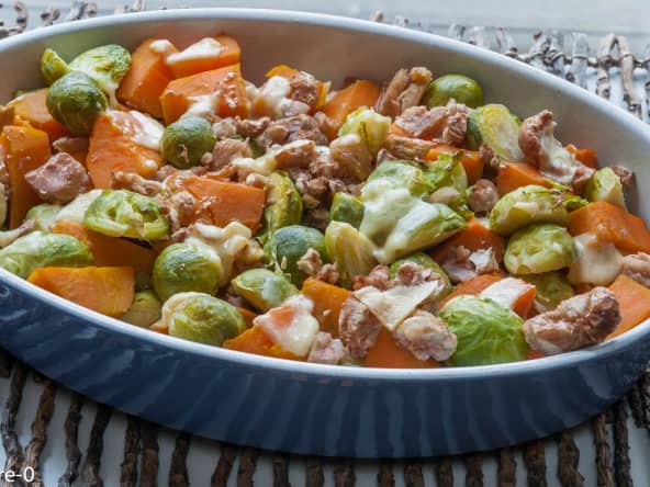 Gratin patate douce, choux bruxelles et châtaignes