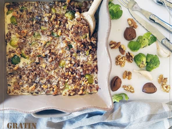 Gratin de choux de Bruxelles, marrons, noix et fromage de chèvre