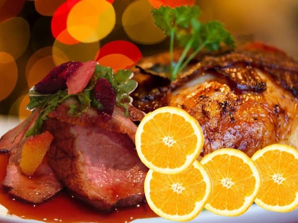 Canard, sauce au jus d'orange, champignons