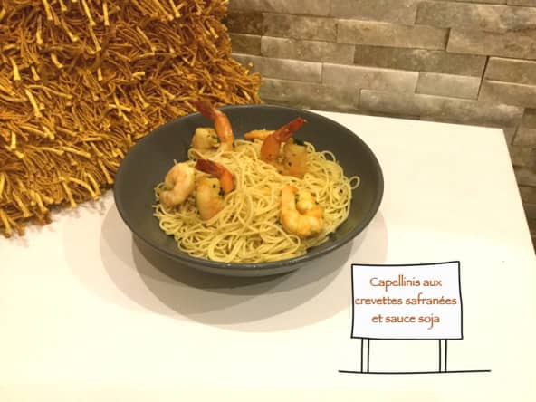 Capellinis aux crevettes safranées et sauce soja ( 435 ca/ par personne)