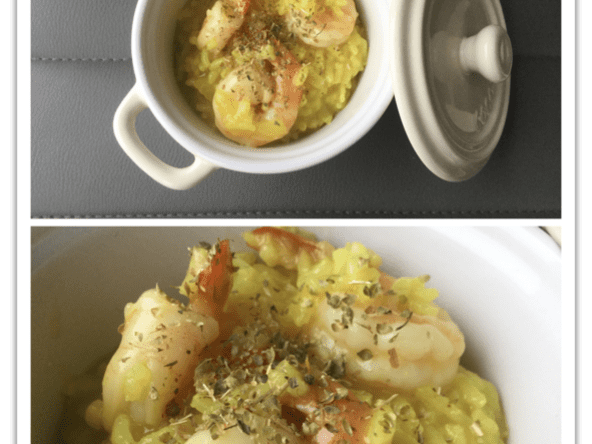 Risotto de scampis au curry et Basilic ( 385 cal/ par personne)
