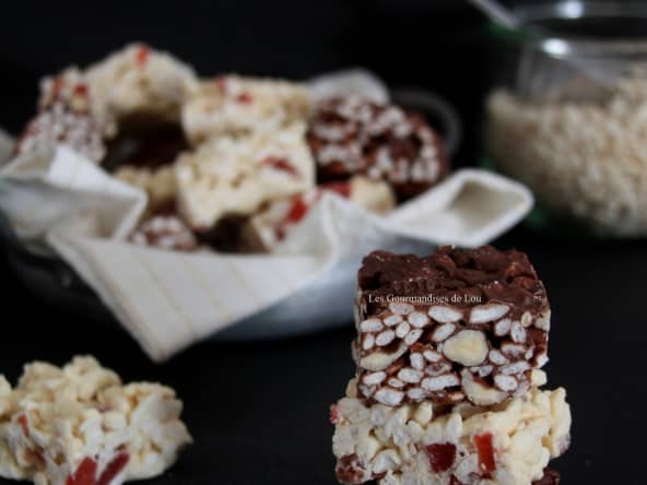 Carrés de riz soufflé au chocolat et fruits secs