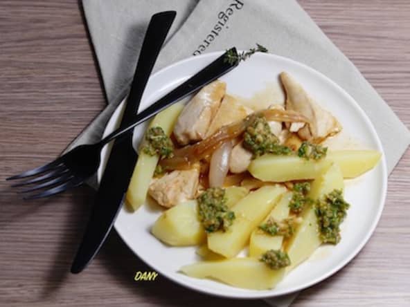 Aiguillettes de poulet pommes de terre fondantes et pesto d'épinards