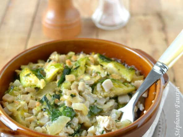 Gratin de crozets aux choux de Bruxelles et tofu mariné à la japonaise