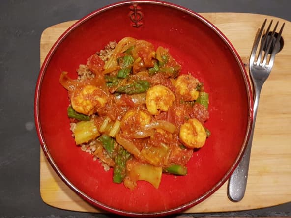 Crevettes mijotées aux asperges et céleri