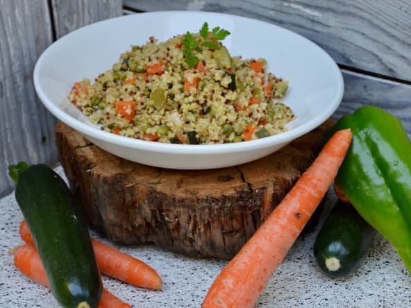 Recette vegan de quinoa boulgour aux petits légumes