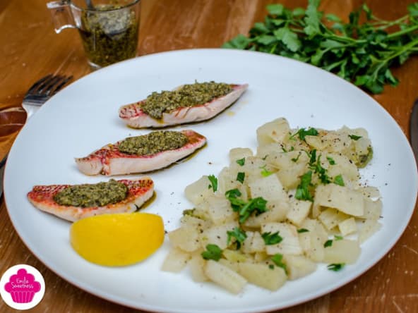Filets de rougets, pesto et compotée de fenouils