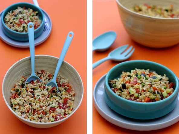 Salade de riz complet, lentilles corail, avoine et légumes