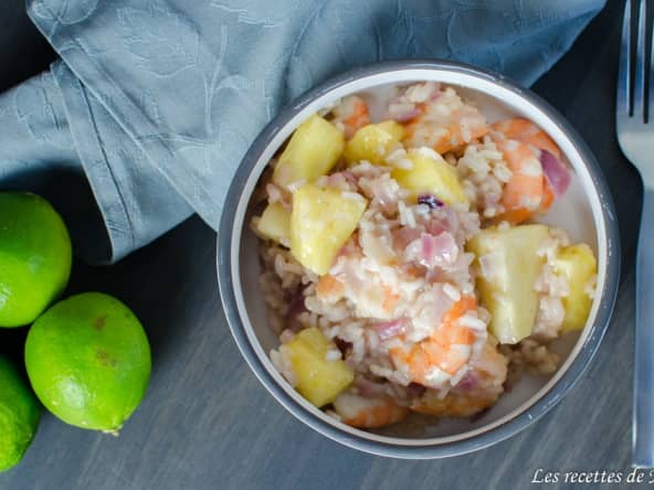 Risotto exotique au lait de coco, crevettes et ananas