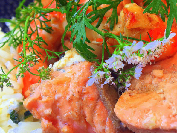 Wok de filets de saumon et crevettes à la fleur de coriandre