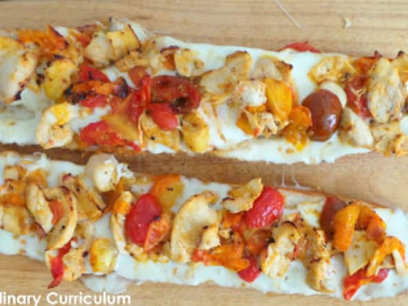 Bruschettas baguettes mozzarella, poulet, tomates cerises, sirop d'érable