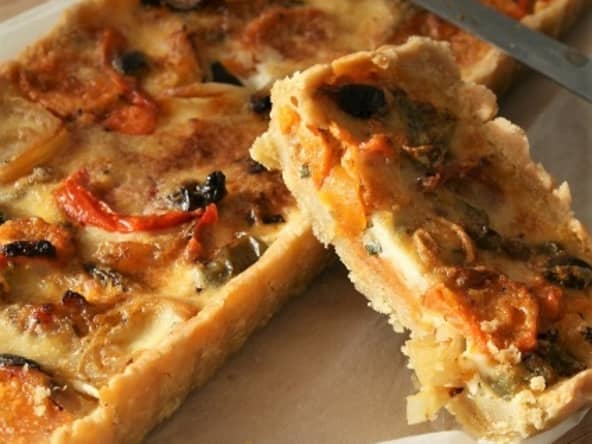 Tarte aux légumes rôtis, bio, sans gluten, sans oeufs, végétarien