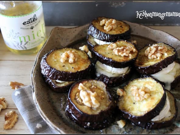 Millefeuille d'aubergine au chèvre, miel et noix