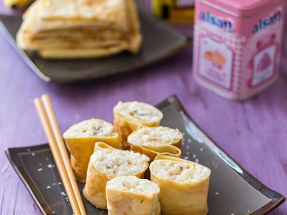 Makis de crèpes, riz au lait, banane et chocolat